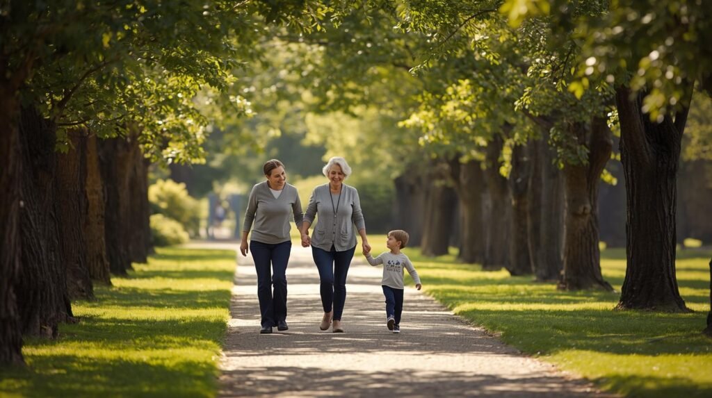Caregiver walking with an elderly person and a child in a sunny park – multigenerational care scene for Caregiving 101 Guide