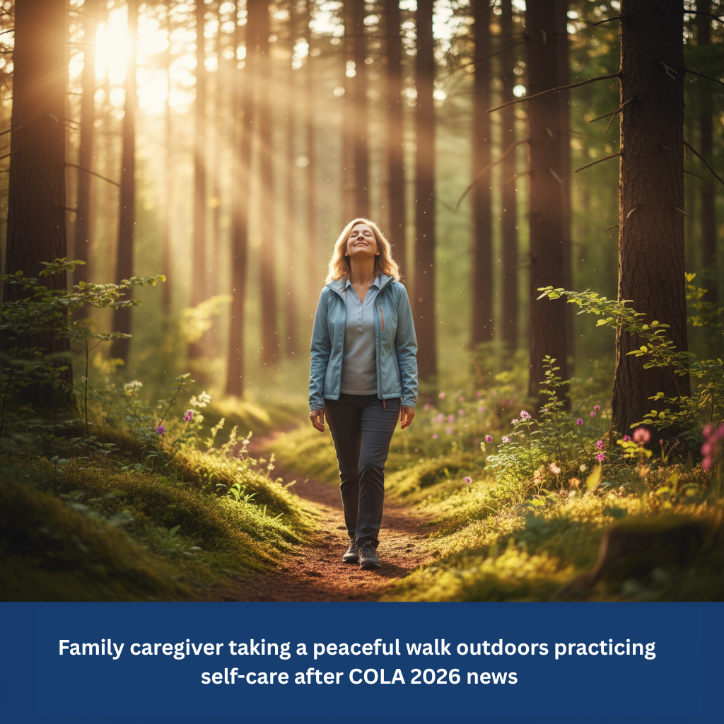 Family caregiver taking a peaceful walk outdoors practicing self-care after COLA 2026 news