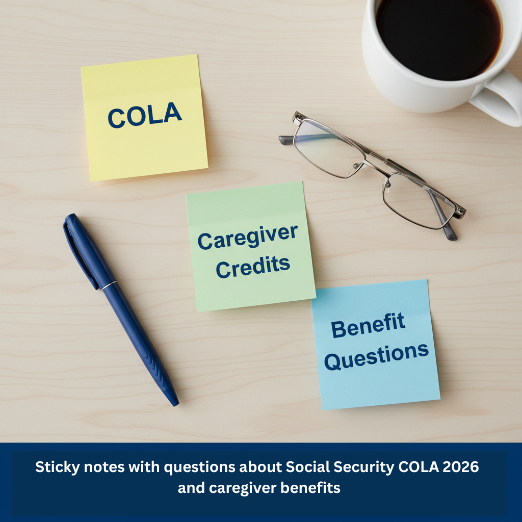 Sticky notes with questions about Social Security COLA 2026 and caregiver benefits